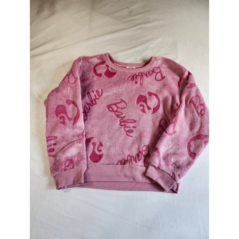 Barbie Girls Pink Fleece Sweatshirt All Over Logo Print Plush Pullover Size‎ 7-8